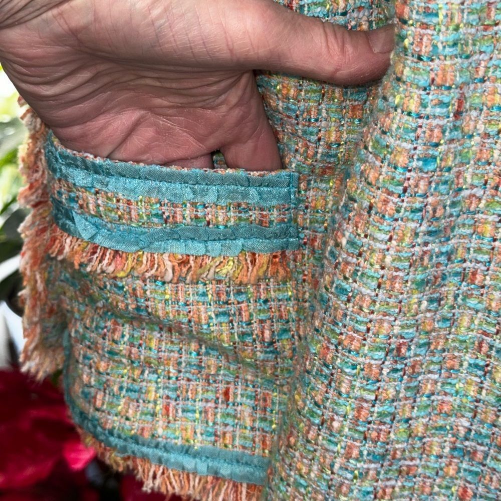 Cynthia Steffe Tweed Fringe Cropped Blazer Teal Orange Multi-Color Jacket NWT S - Picture 5 of 15